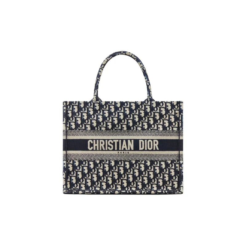 DIOR Medium DIOR Book Tote-Ecru And Blue DIOR Oblique Embroidery M1296ZRIW_M928